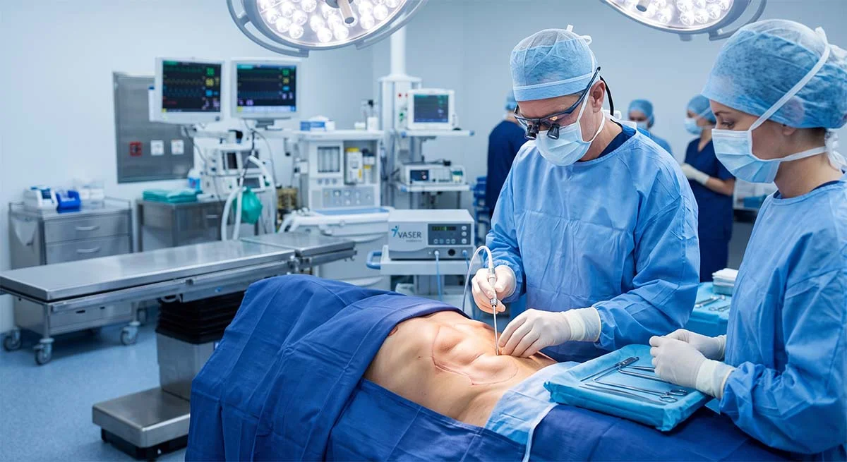 Ameliyathanede ultrason destekli (Vaser) liposuction uygulamasını gösteren temsili görsel