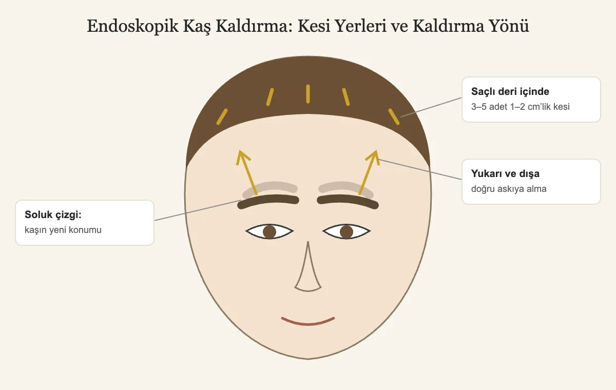Endoskopik kaş kaldırma ameliyatında saçlı deri içindeki kesi yerleri ve kaşın kaldırılma yönü