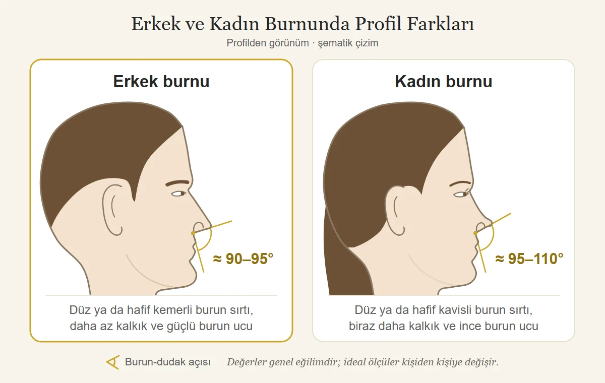 Erkek ve kadın burnunda burun sırtı, burun ucu ve burun-dudak açısı farkını gösteren şematik profil çizimi