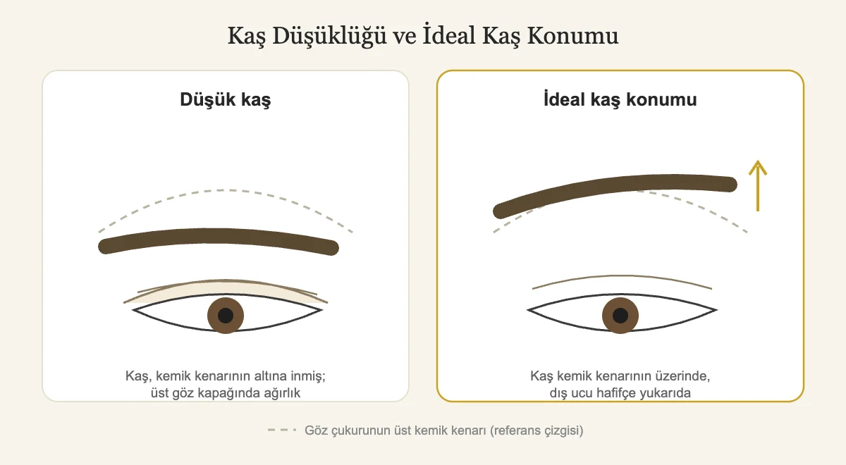 Kaş kaldırma: düşük kaş ile ideal kaş konumunun karşılaştırmalı çizimi