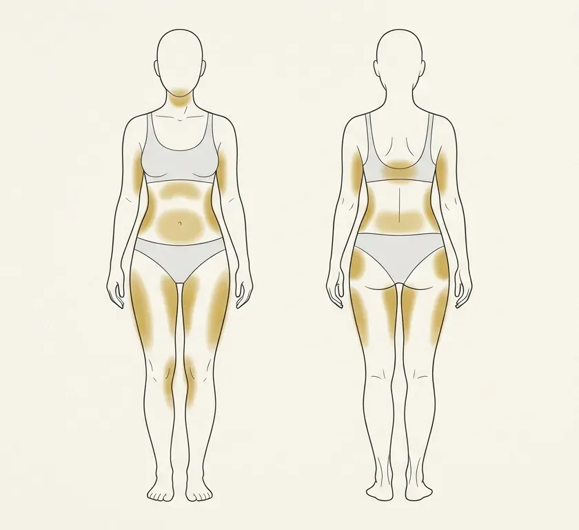 Liposuction’ın sık uygulandığı bölgeleri önden ve arkadan gösteren çizim: çene altı, kollar, karın, bel ve yanlar, sırt, basen, uyluklar ve diz iç yüzü