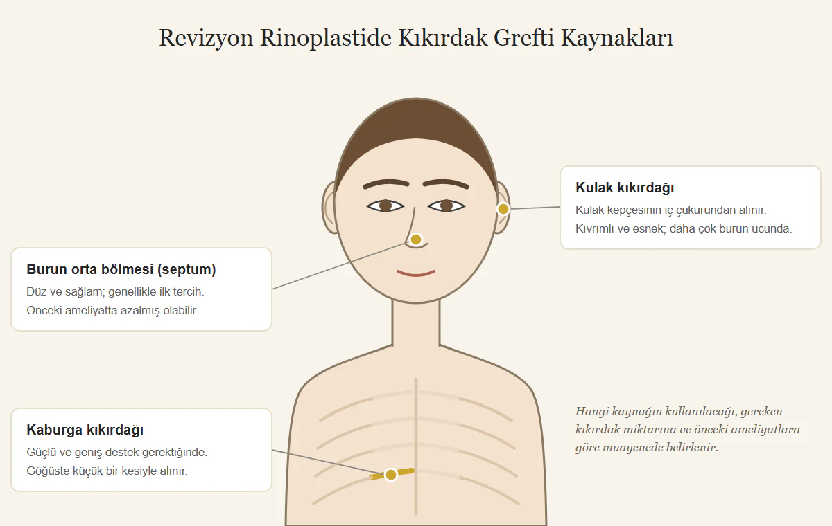Revizyon rinoplastide kıkırdak grefti alınabilecek bölgeler: burun orta bölmesi (septum), kulak kepçesi ve kaburga kıkırdağı